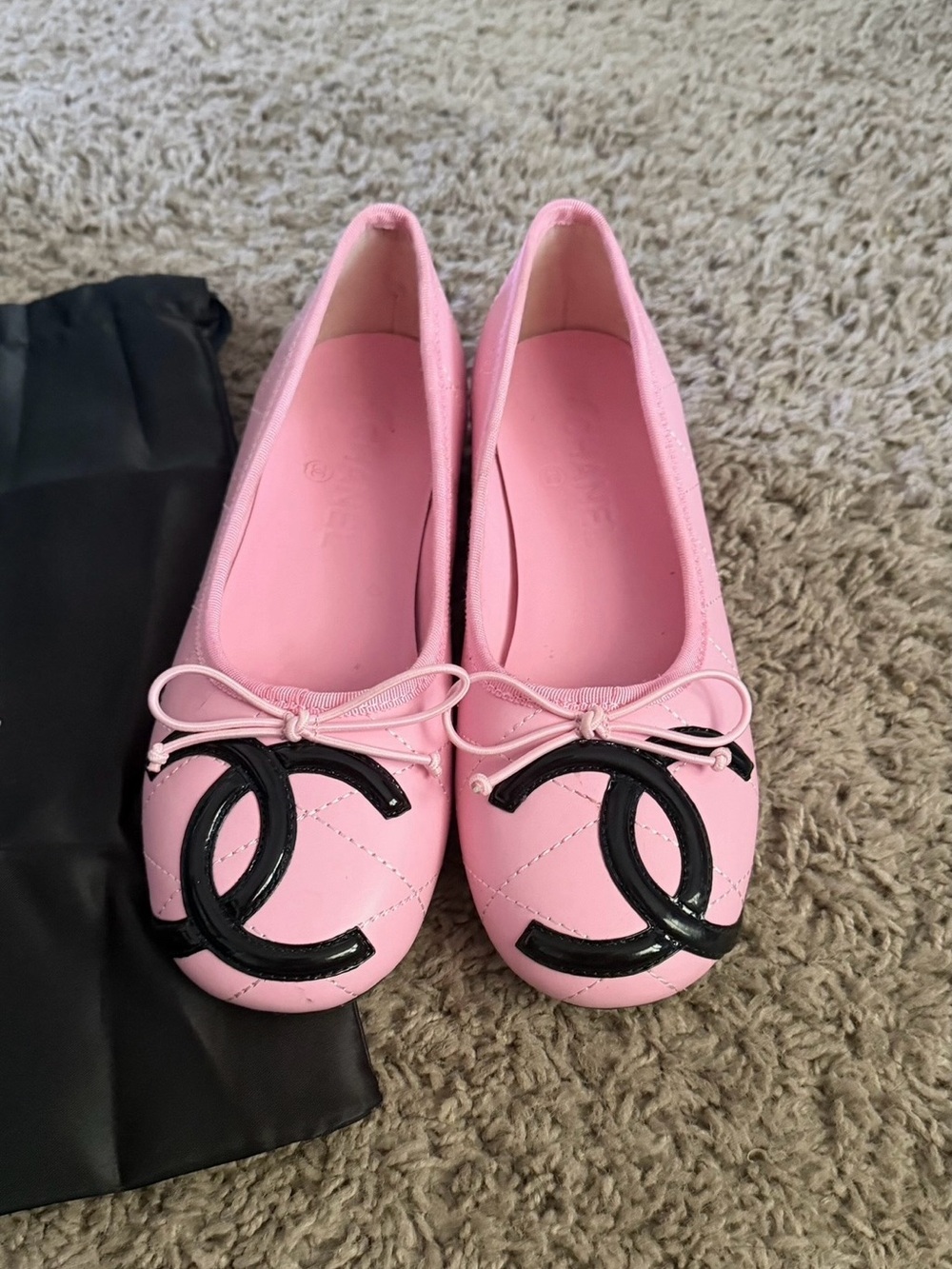 CHANEL Pink Quilted Ballet Flats with Black Soles